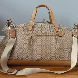 COACH SIGNATURE CANVAS BEIGE LEATHER TRIM DUFFLE TRAVEL BAG